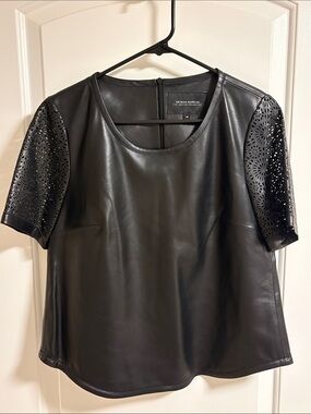 Neiman Marcus Black Genuine Leather Top with Laser-Cut Sleeves